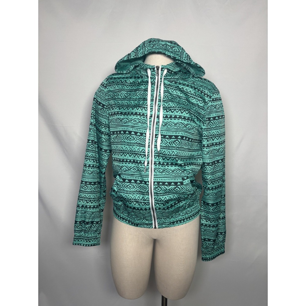 Zine women's Teal Athletic Aztec‎ full zip hooded windbreaker jacket size Large